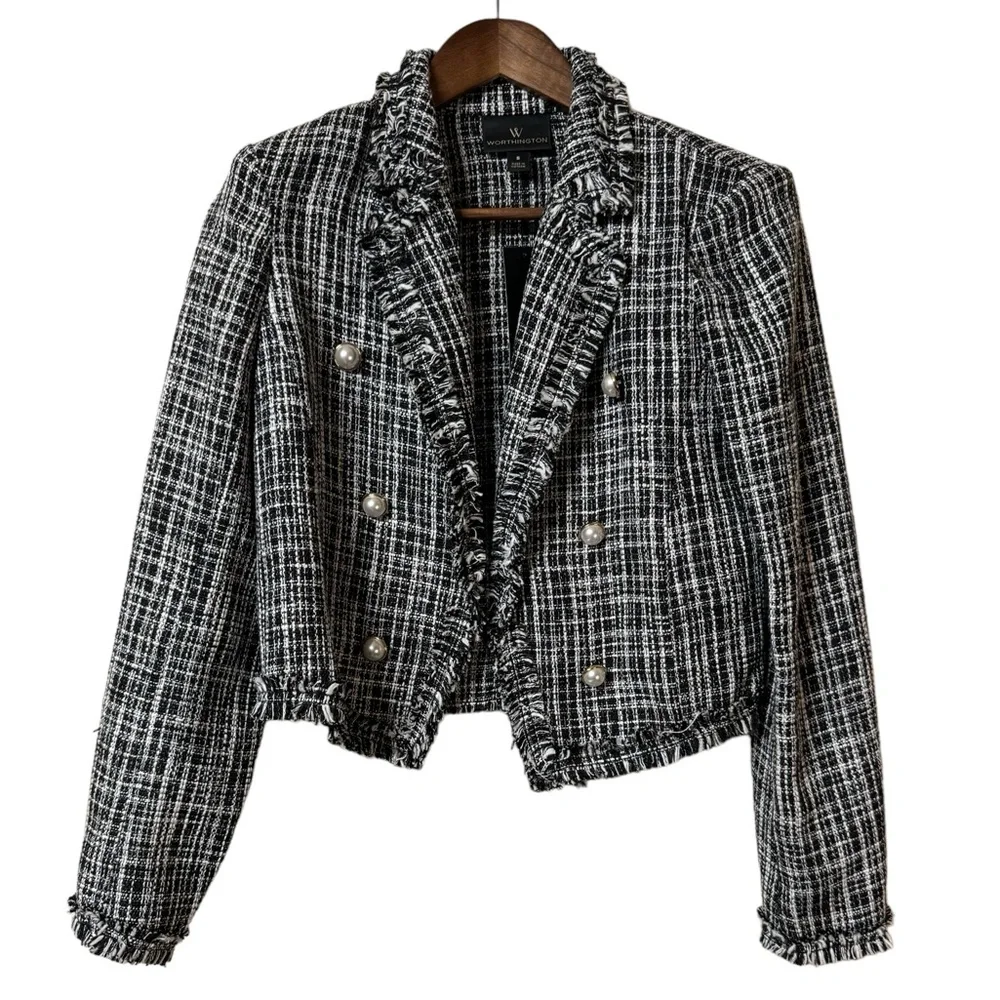 Worthington Tweed Blazer Jacket Womens Size Small NWT Ruffled Black White Career